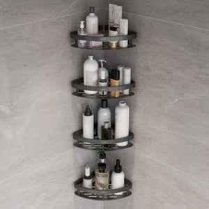 Plantex Self Adhesive Corner Shelf for Bathroom Wall/Aluminium & Stainless Steel Corner Rack/Storage Organizer/Bathroom Accessories Set- (Pack of 4) 8x8 inch, Black