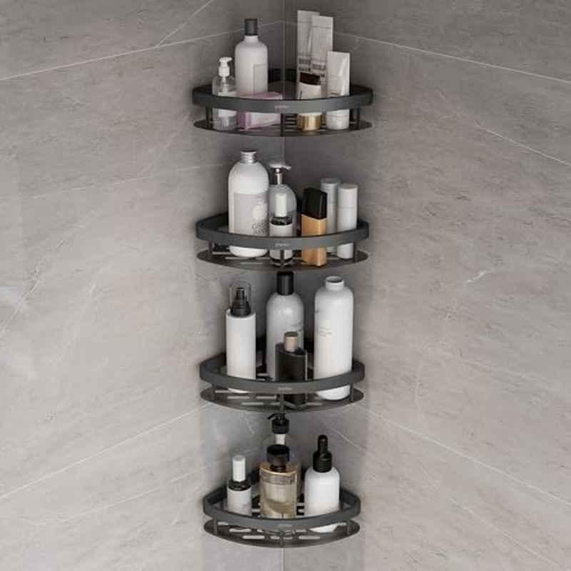 Plantex Self Adhesive Corner Shelf for Bathroom Wall/Aluminium & Stainless Steel Corner Rack/Storage Organizer/Bathroom Accessories Set- (Pack of 4) 8x8 inch, Black