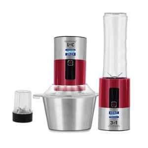 Kent 300W Red & Silver 3-In-1 Mini Blender and Food Chopper with 3 Jars, 16028