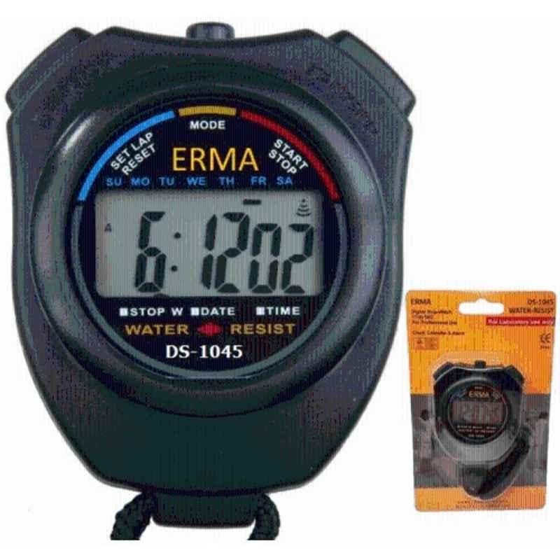 ERMA DS-1045 Plastic Black Water Resistant Digital Stopwatch with LCD Display