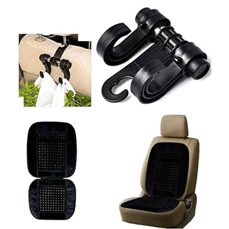 Kozdiko Car Double Hook Headrest Luggage Holder & Bead Seat Cushion with Black Velvet Border Combo