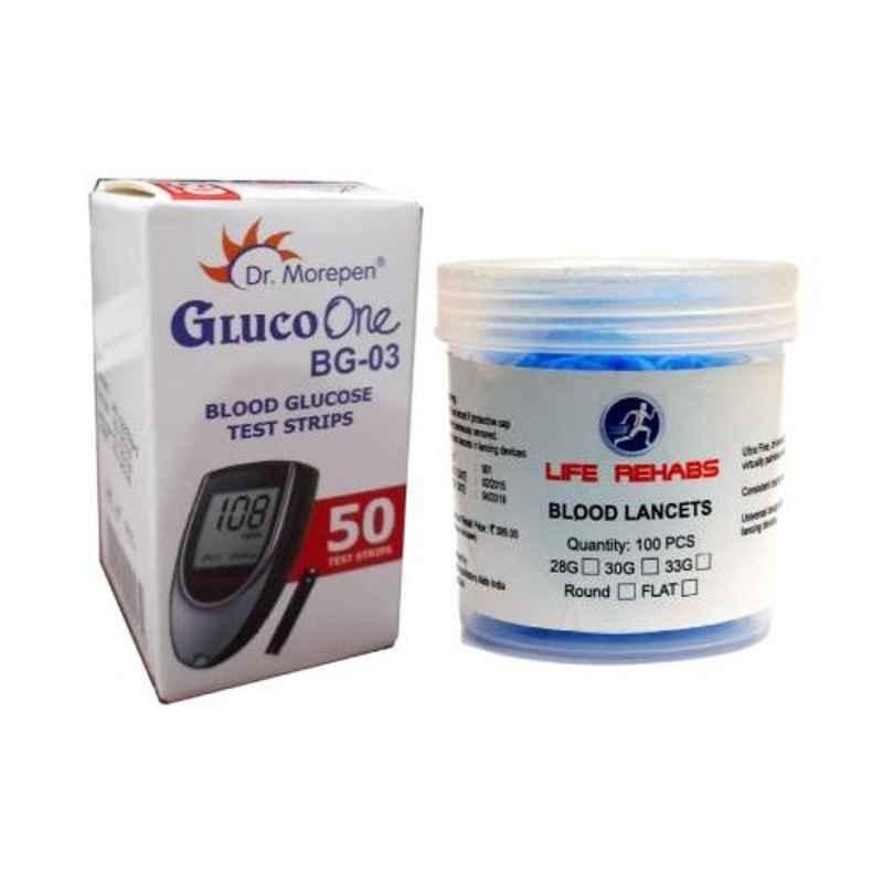 Dr. Morepen Gluc One BG03 50 Strips & Life Rehabs 100 Finetouch Lancets Combo
