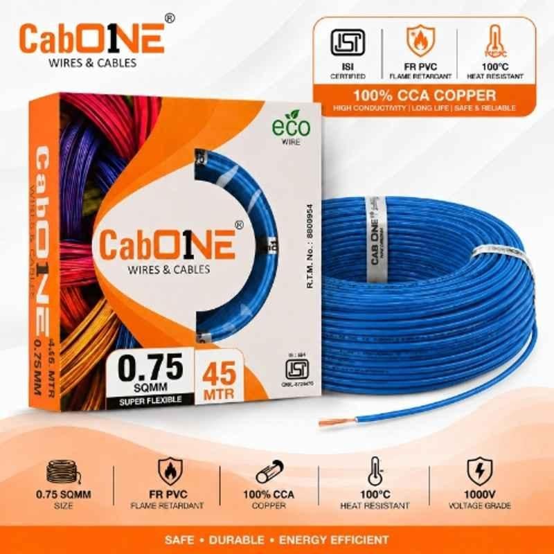 CabONE Lite 0.75 Sqmm Blue Single Core FR PVC Insulated CCA Copper Electrical Wire, Length: 45 m