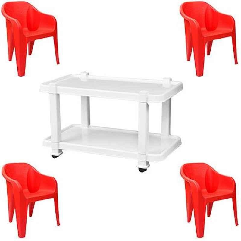 Italica 4 Pcs Polypropylene Red Luxury Arm Chair & White Table with Wheels Set, 2019-4/9509