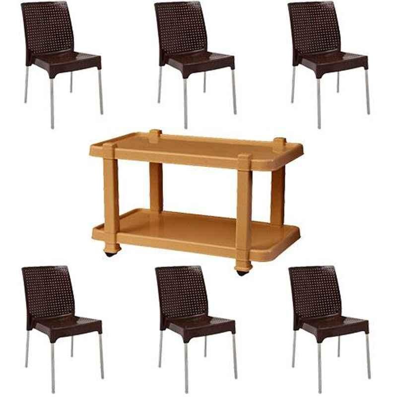 Italica 6 Pcs Polypropylene Standard Brown Plasteel without Arm Chair & Marble Beige Table with Wheels Set, 1206-6/9509