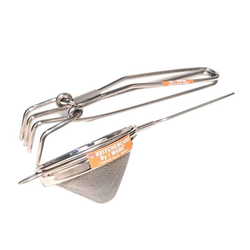 i WARE KkitchenCare 2 Pcs Stainless Steel Kitchen Pincers & Conical Strainer Set, Size: Small