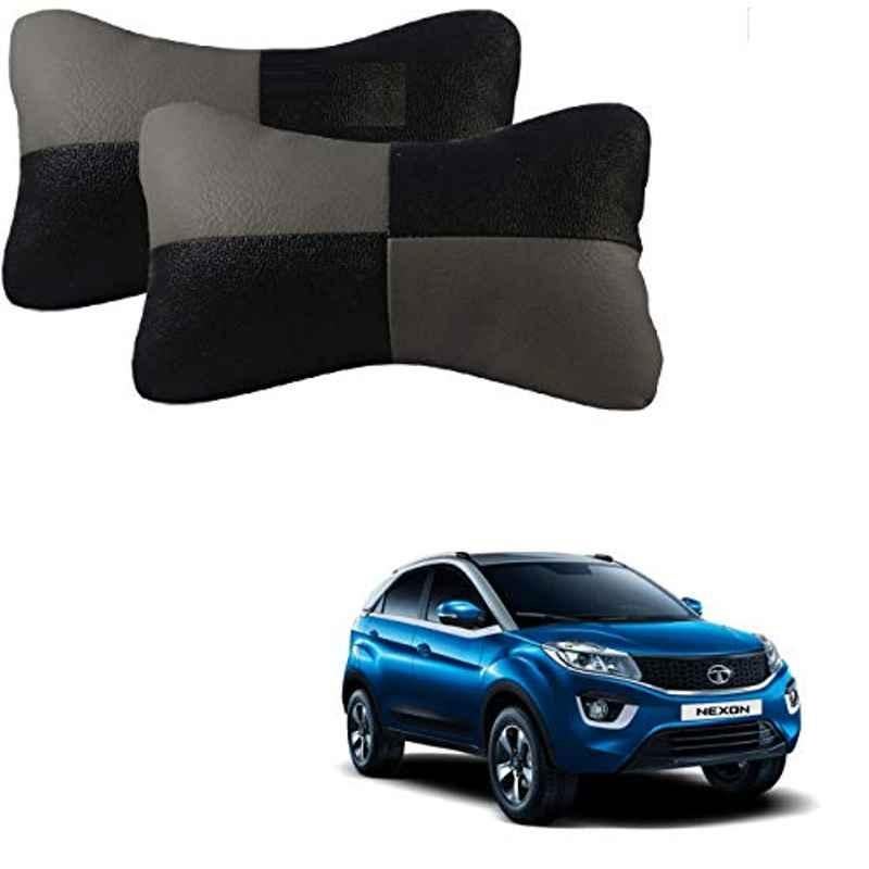Kozdiko 2 Pcs Leather Grey & Black Neck Rest Car Cushion Pillow Set for Cars