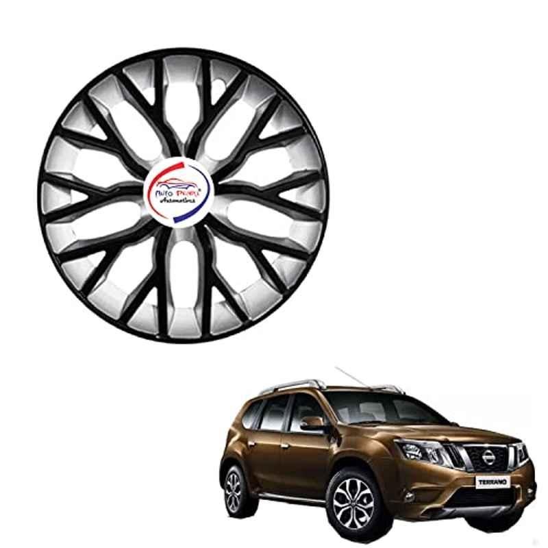 Auto Pearl 4 Pcs 15 inch ABS Black & Silver Hubcap Wheel Cover Set with Retention Ring for Nissan Terrano