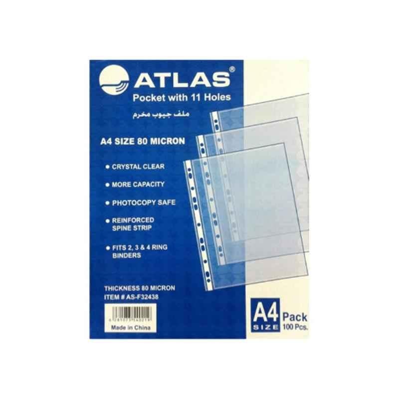 Atlas A4 80 micron Clear Pocket with 11 holes (Pack of 100)