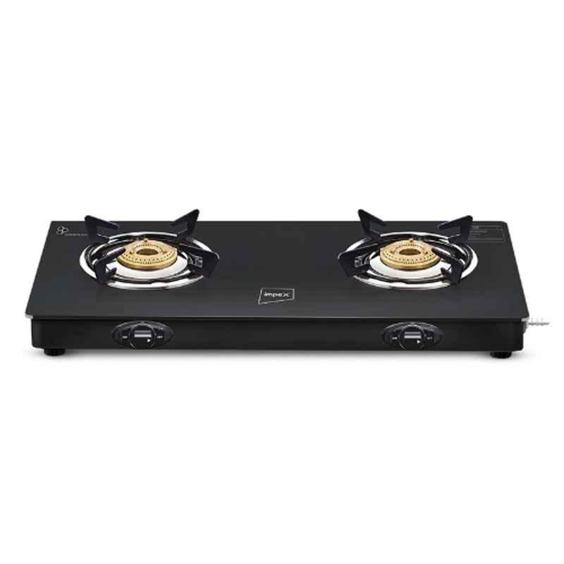 Impex 2 Burners Steel Black Glass Top Gas Stove, SPECTA IGNITE 2B
