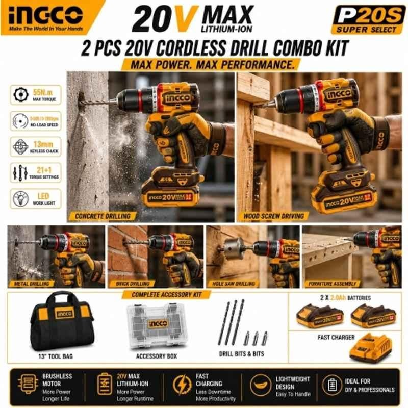 Ingco 2 Pcs 13mm 20V 55Nm Cordless Impact Drill Set