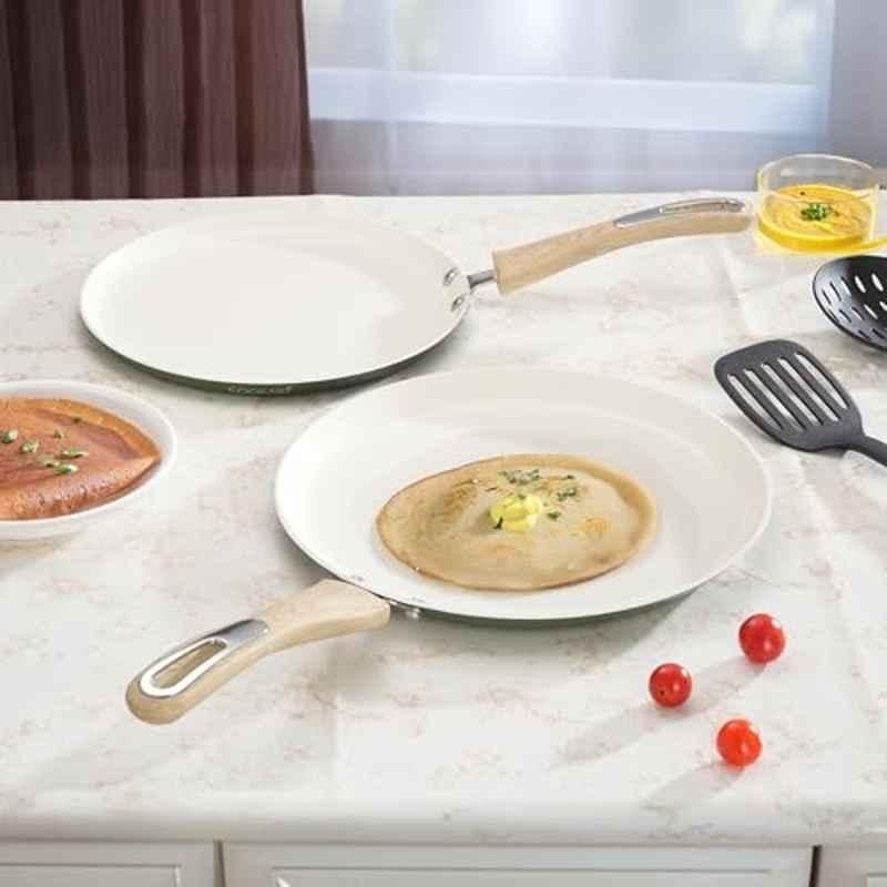 Cookaid Velora 2 Pcs 25 & 28cm Aluminium Cream Non Stick Ceramic Coated Dosa Tawa Set with 2 Pcs Nylon Tool, CKD-CC-DT2-30