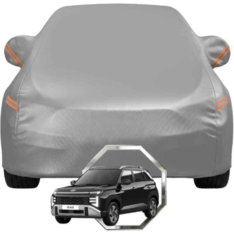 Allextreme Polyester Grey with Highlighter Car Cover with Mirror Pocket & Triple Stitched Bottom Elastic for Hyundai Venue All Model & Years, HYU-VENUE-GRY