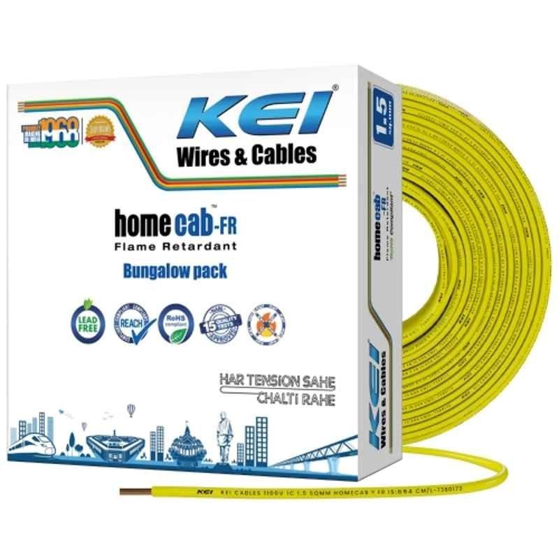 KEI Homecab 1.5 Sqmm 1 Core 99.97% Pure Copper Conductor FR PVC Insulated Cable for Domestic & Commercial Electrical Wiring (Yellow, 180 Meters)