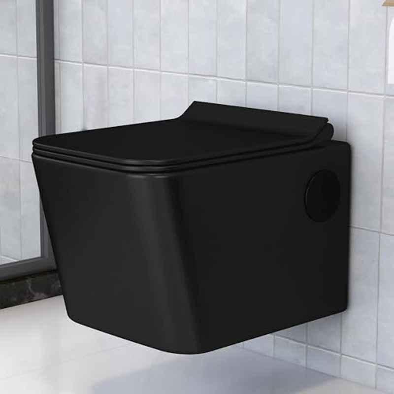 Plantex Platinum Ceramic Rim Wall Hung Western Toilet/P Trap Western Commode with Soft Close Seat Cover/Commode with Washdown Flush Black-M