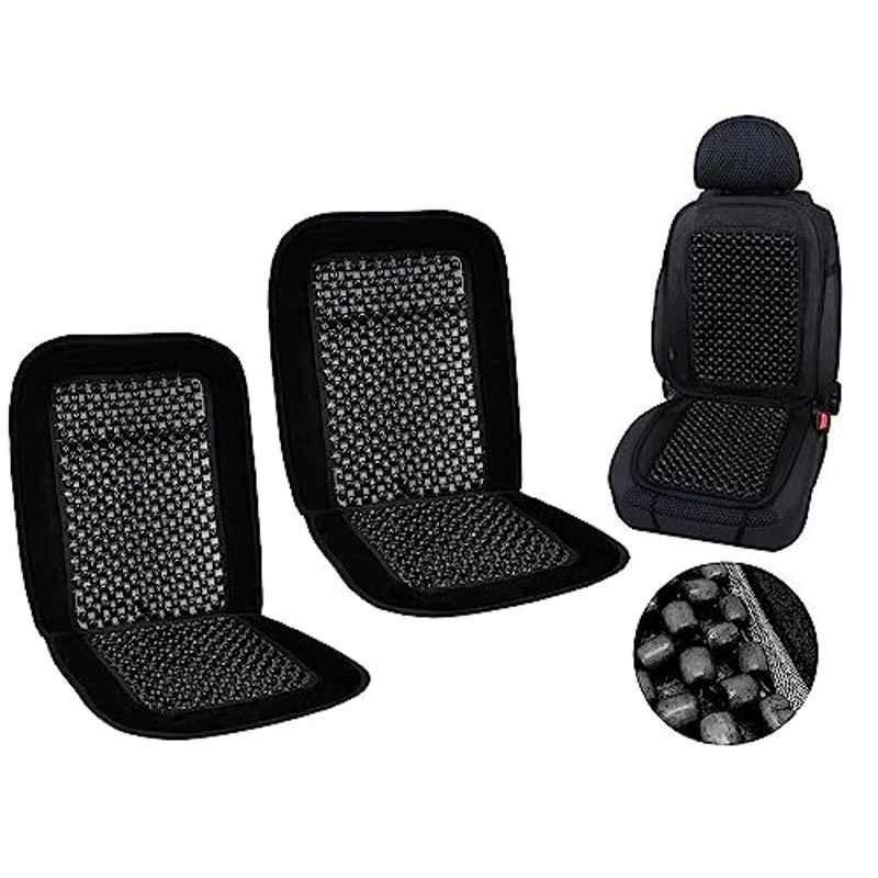 Auto Pearl PU, Velvet & Wooden Beads Black Rectangular Seat Cushion for Hyundai Santro 2018 (Pack of 2 )