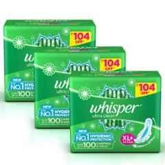 Whisper 44 Pcs White Cotton Disposable Ultra Clean Sanitary Pad Packet, Size: XL+ (Pack of 3)