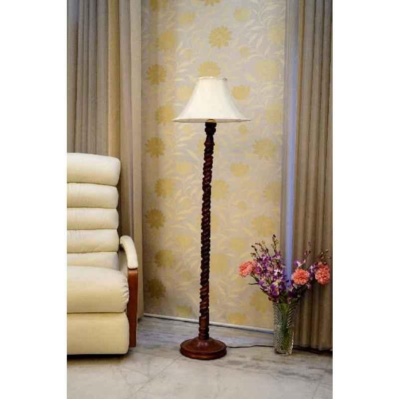 Tucasa Mango Wood Dark Brown Floor Lamp with Off White Conical Polycotton Shade, WF-124