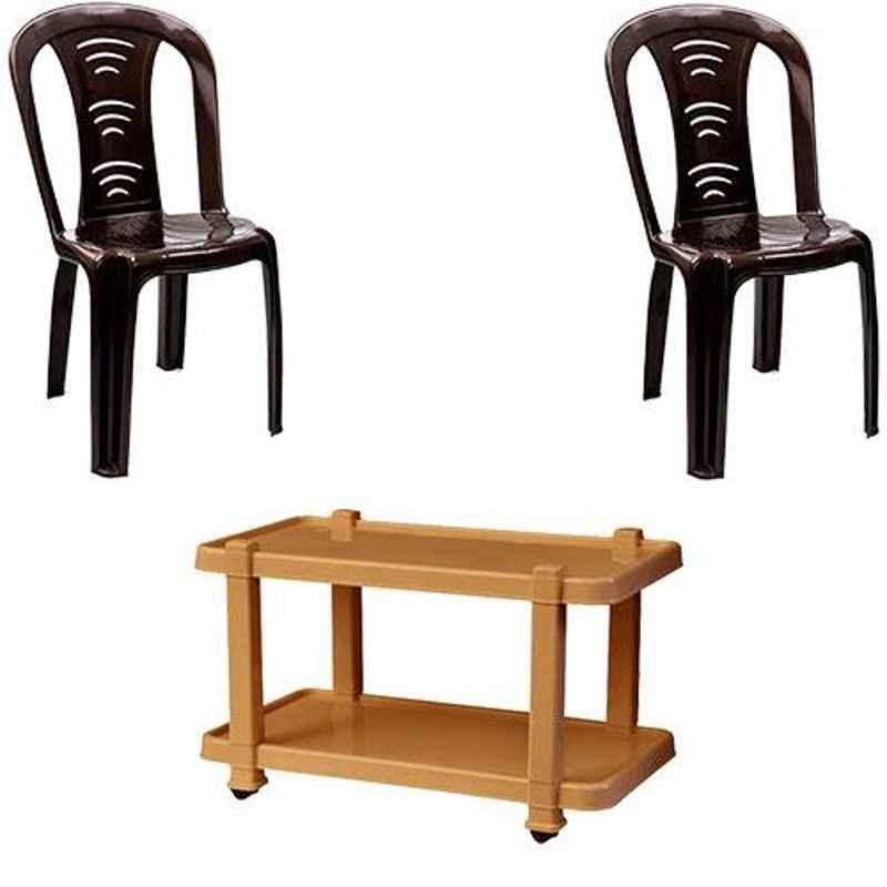 Italica 2 Pcs Polypropylene Nut Brown Without Arm Chair & Marble Beige Table with Wheels Set, 9306-2/9509