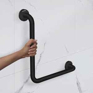 Plantex Stainless Steel Black L-Shape Handle for Bathroom Support/Anti-Slip Shower Grab Bar (Pack of 2)