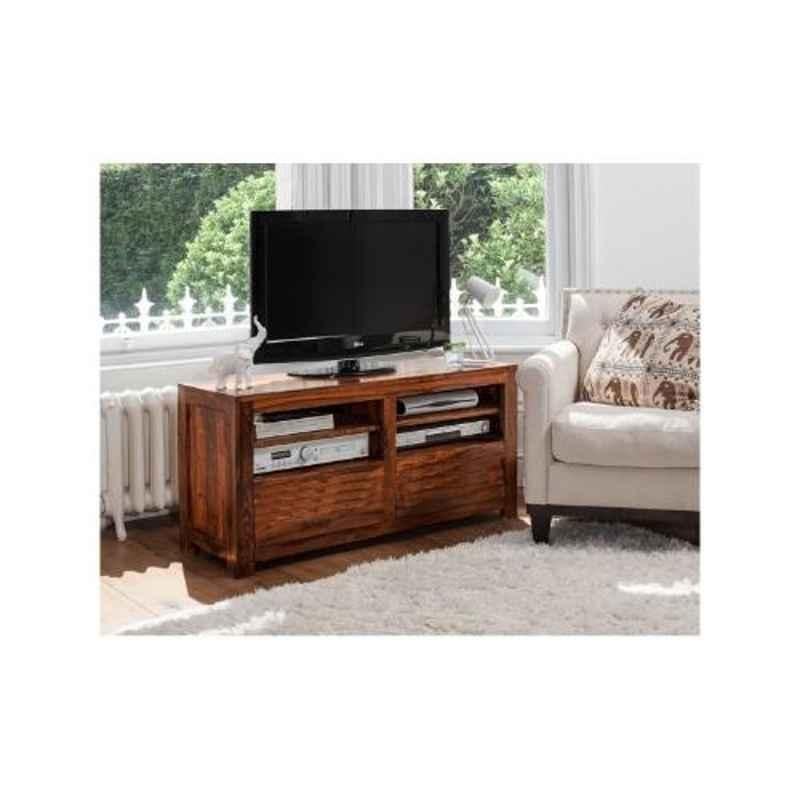 Angel Furniture 122x40x56cm Honey Finish Solid Sheesham Wood TV Unit with Two Drawer and Open Storage Area, AF-193