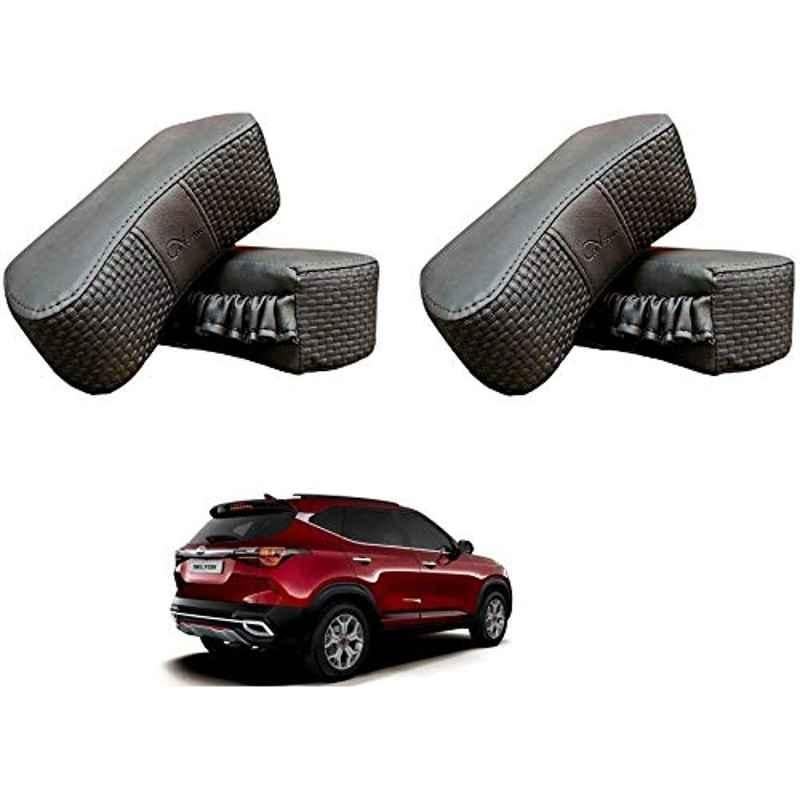 Kozdiko 4 Pcs CV Designer Grey Leatherite Neck Rest Car Cushion Pillow Set for Kia Seltos