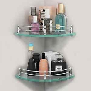 Plantex Premium Glass Corner Shelf for Bathroom/Glass Shelf for Living Room/Kitchen Storage Organizer/Corner Shelf for Bathroom Organizer-Transparent -12x12 inch-(Pack of 2)