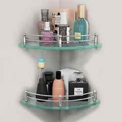 Plantex Premium Glass Corner Shelf for Bathroom/Glass Shelf for Living Room/Kitchen Storage Organizer/Corner Shelf for Bathroom Organizer-Transparent -12x12 inch-(Pack of 2)
