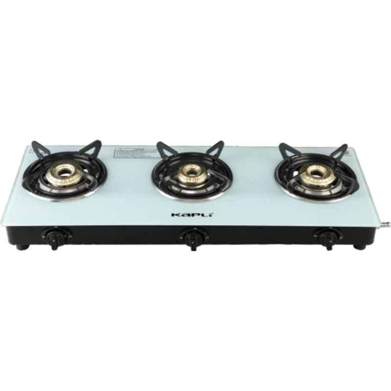 Kapli 3 Burner Mild Steel White Manual Toughened Glass Top Gas Stove, KAMGS3BWMAR2026