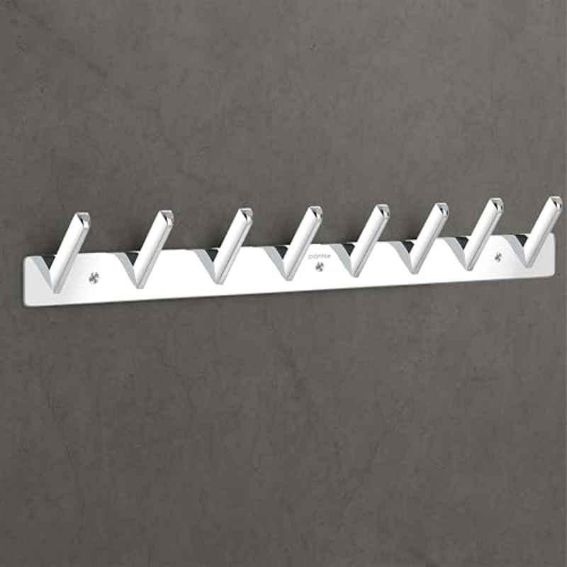 Plantex 8 Hooks Stainless Steel Chrome Wall Hooks for Hanging Cloth/Towel Hangers/Bathroom Robe Hooks/Door Hangers/Round Wall Hook/Hook Rail for Hanging Keys (Pack of 3)- APS-5998-CHRM-SQUR-8-HOOK-HOOK-RAIL-PK-3