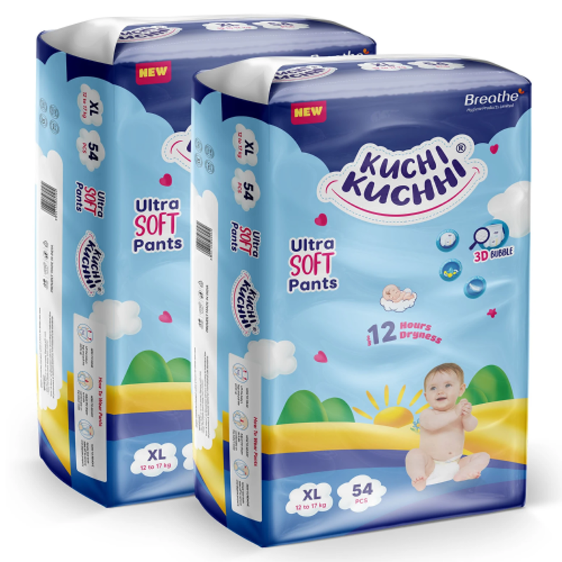 Kuchi Kuchhi Baby Diaper Pants, Extra Large (12-17kg), Pack of 2 (108 Pcs), 3D Bubble Top Ultra Soft Unisex Leakproof Diapers, KKXL54X2