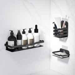 Plantex 3 Pcs Black Self Adhesive Bathroom Shelf/Bathroom Shelf Rack Combo/Bathroom Organizer Without Drill/Kitchen Soap Dish/Soap Holder/Tumbler/Toothbrush Holder Set