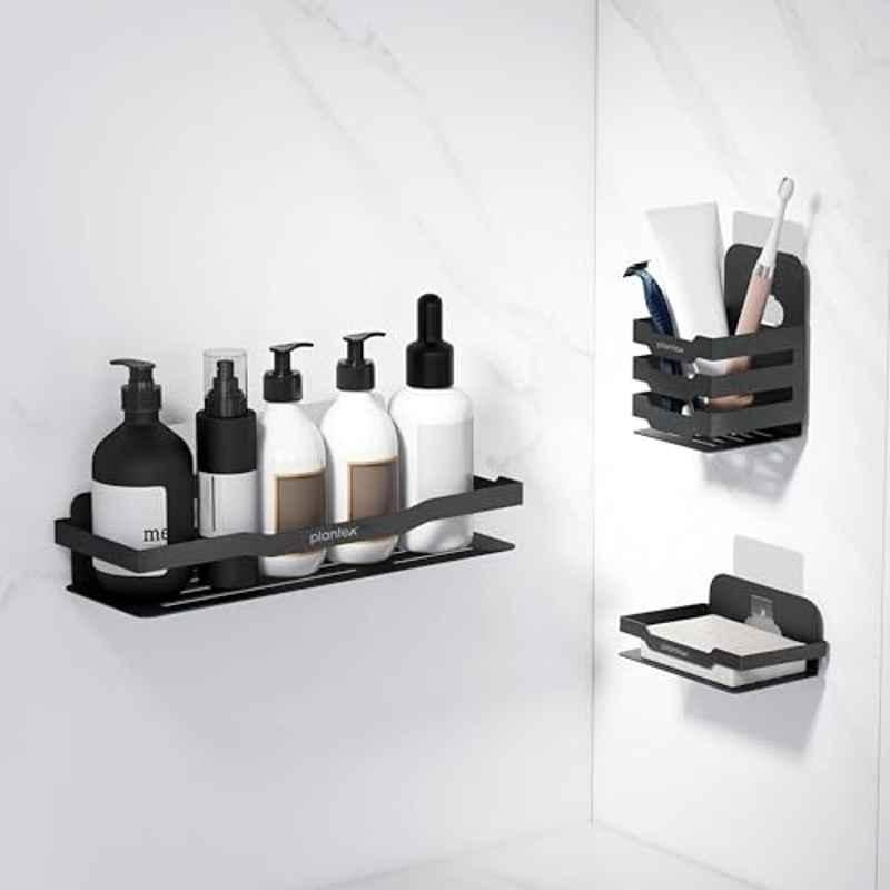 Plantex 3 Pcs Black Self Adhesive Bathroom Shelf/Bathroom Shelf Rack Combo/Bathroom Organizer Without Drill/Kitchen Soap Dish/Soap Holder/Tumbler/Toothbrush Holder Set