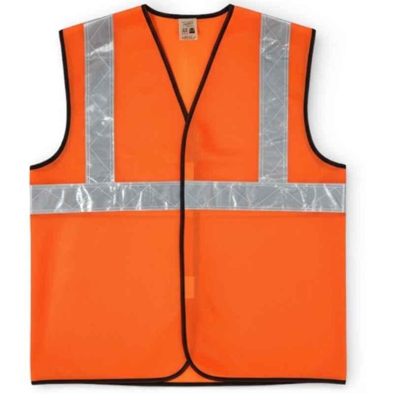 Sicuro Laser 90GSM Polyester Orange Sleeveless V Neck Safety Jacket with 2 inch Reflector Strip, Size: L (Pack of 10)