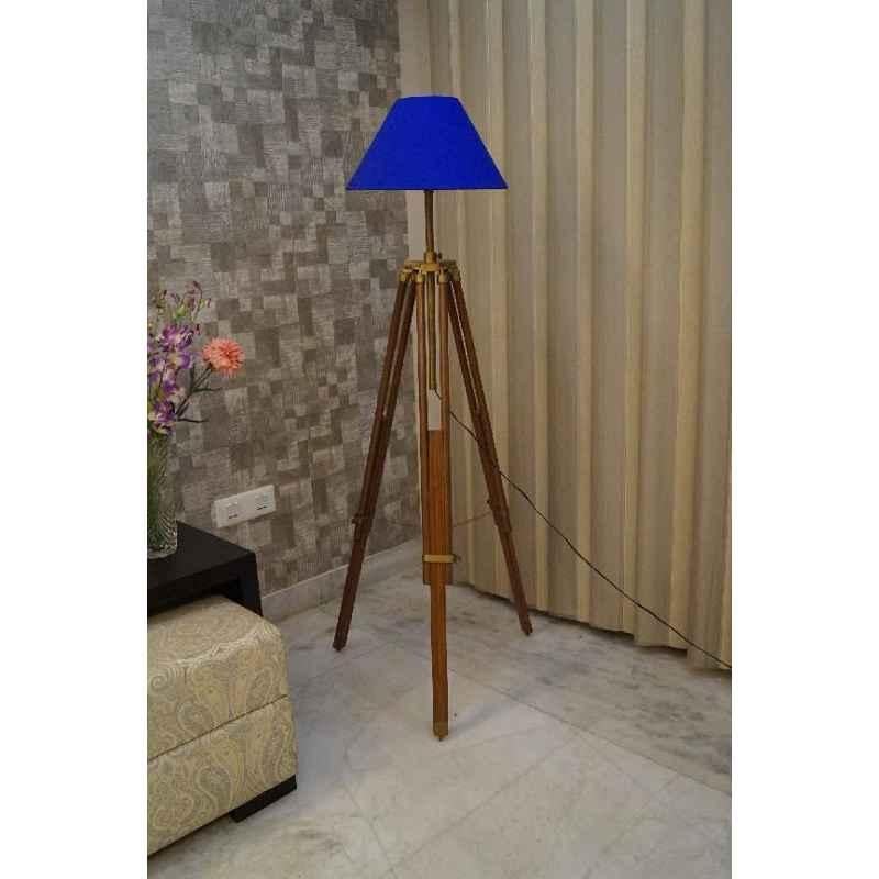 Tucasa Mango Wood Brown Tripod Floor Lamp with Polycotton Blue Shade, P-89