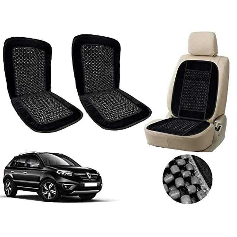 Auto Pearl PU, Velvet & Wooden Beads Black Rectangular Seat Cushion for Renault Koleos (Pack of 2 )