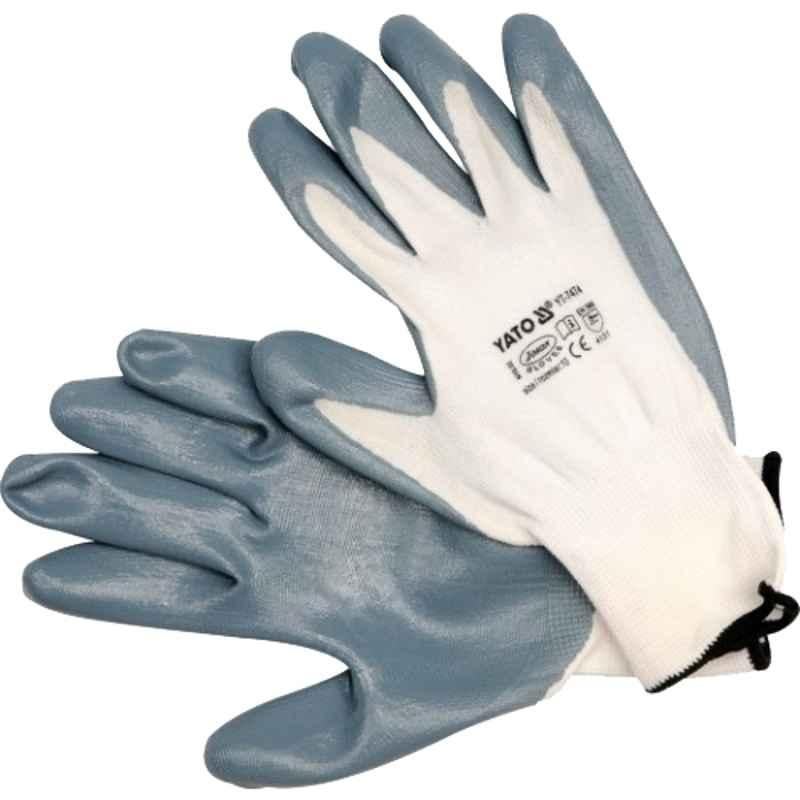 Yato 10 inch Nylon Nitrile Coated White Oil Proof Working Safety Gloves, YT-7474