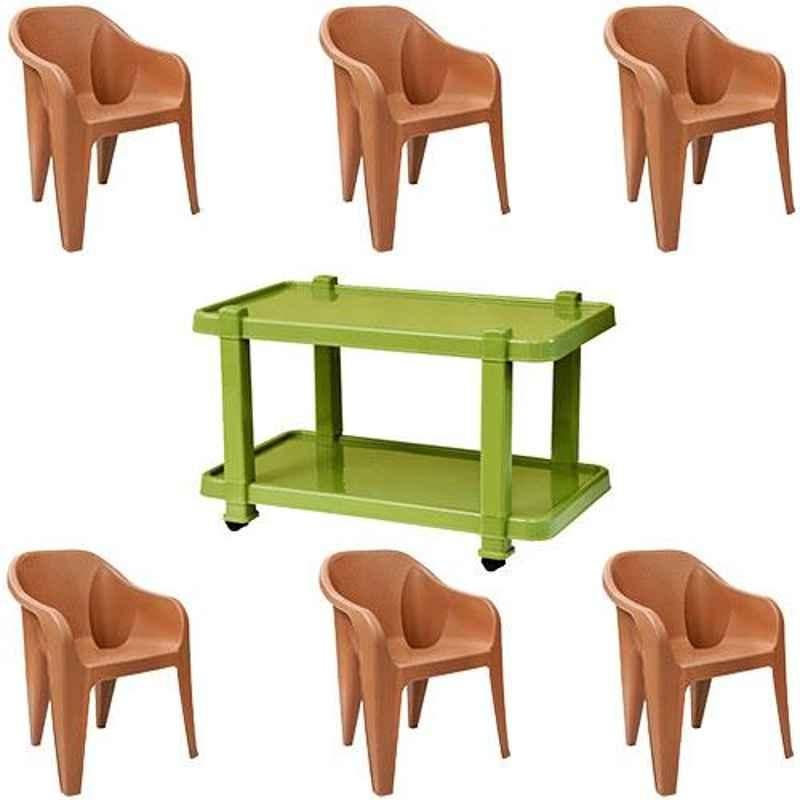 Italica 6 Pcs Polypropylene Camel Luxury Arm Chair & Green Table with Wheels Set, 2019-6/9509