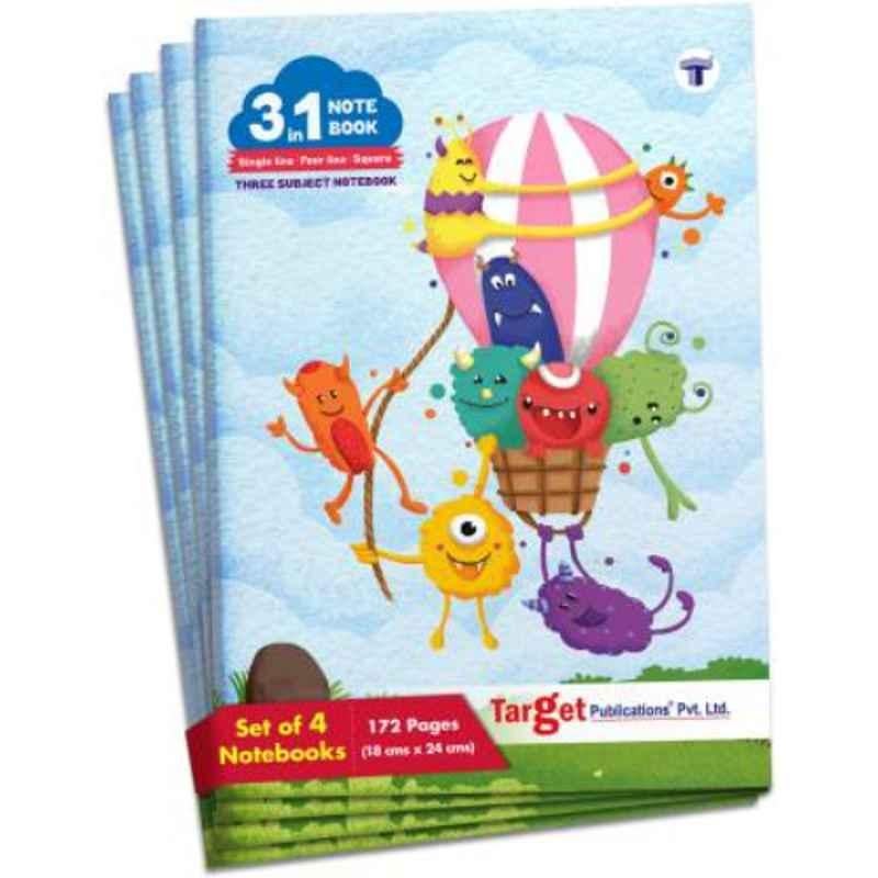 Target Publications Regular 172 Pages Multicolour 3 in 1 Notebook (Pack of 4)