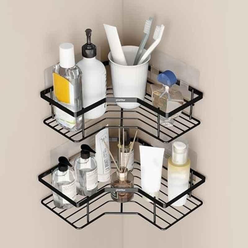 Plantex GI Steel Black Adhesive Bathroom Corner Shelf Rack/Multipurpose Corner Shelves & Racks (Pack of 2)