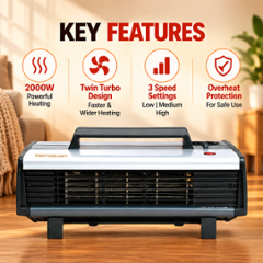 Kemajuan Heat Convector WOT 2000W 8.7A Black & Silver Twin Turbo Design Room Heater & Convector Blower with 3 Speed & 1 Year Warranty, KHC0520A