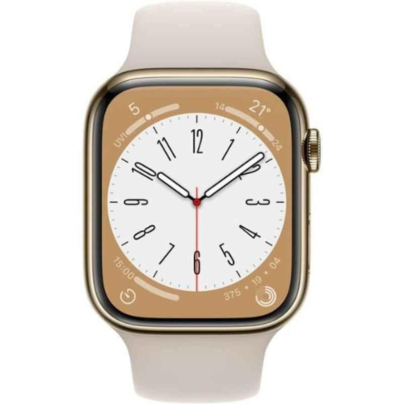 Apple Series-8 45mm Stainless Steel Case Gold GPS + Cellular Watch with Regular Starlight Sport Band