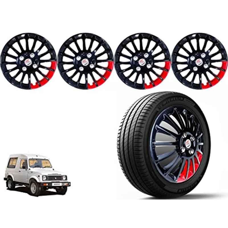 Auto Pearl 4 Pcs 15 inch ABS Black & Red Press Type Car Wheel Cover Set with Retention Ring for Maruti Suzuki Gypsy