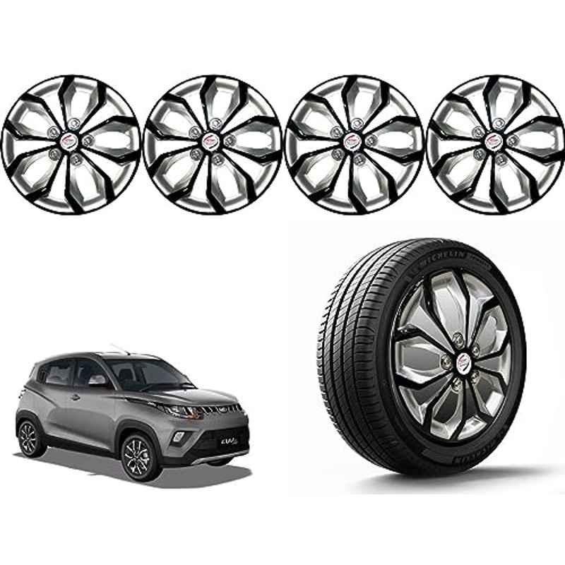 Auto Pearl 4 Pcs 14 inch Polypropylene Black & Silver Press Type Car Wheel Cover Set with Retention Ring for Mahindra KUV 100 nxt 2017 Onwards, 14WC_Pearl_Rev_KUV100nxt2017on