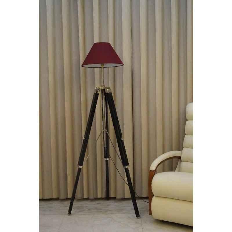 Tucasa Mango Wood Black Tripod Floor Lamp with Polycotton Maroon Shade, P-135