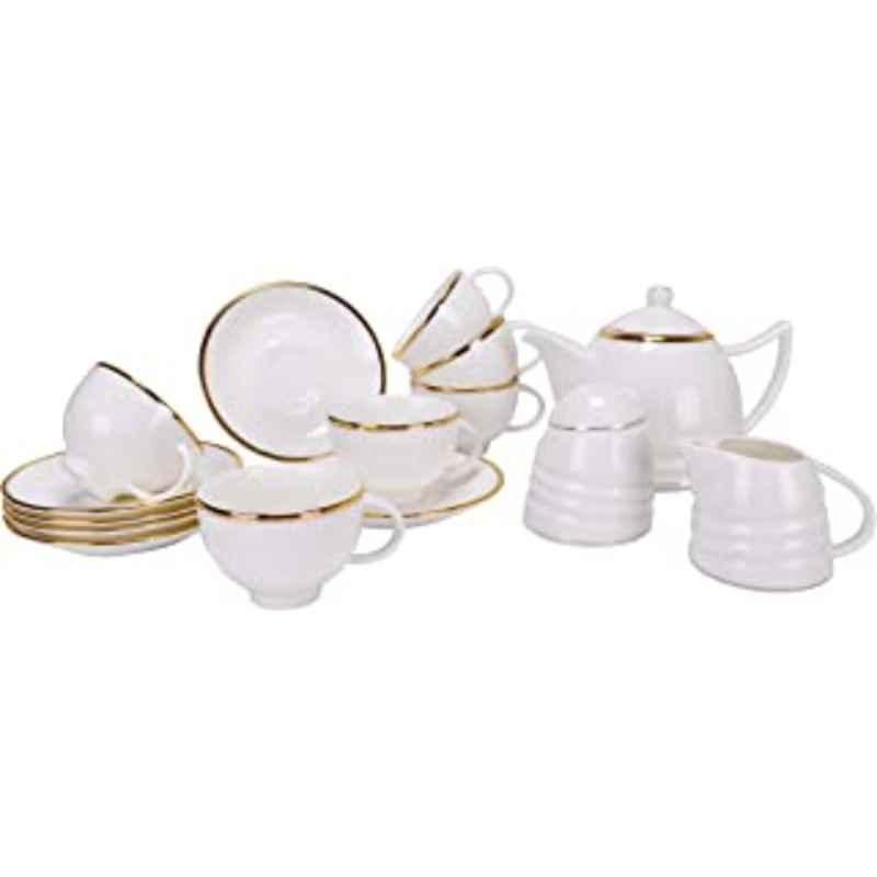 Deco Pride 17 Pcs Ceramic White & Gold Line Design Tea Set, TS(17)-231