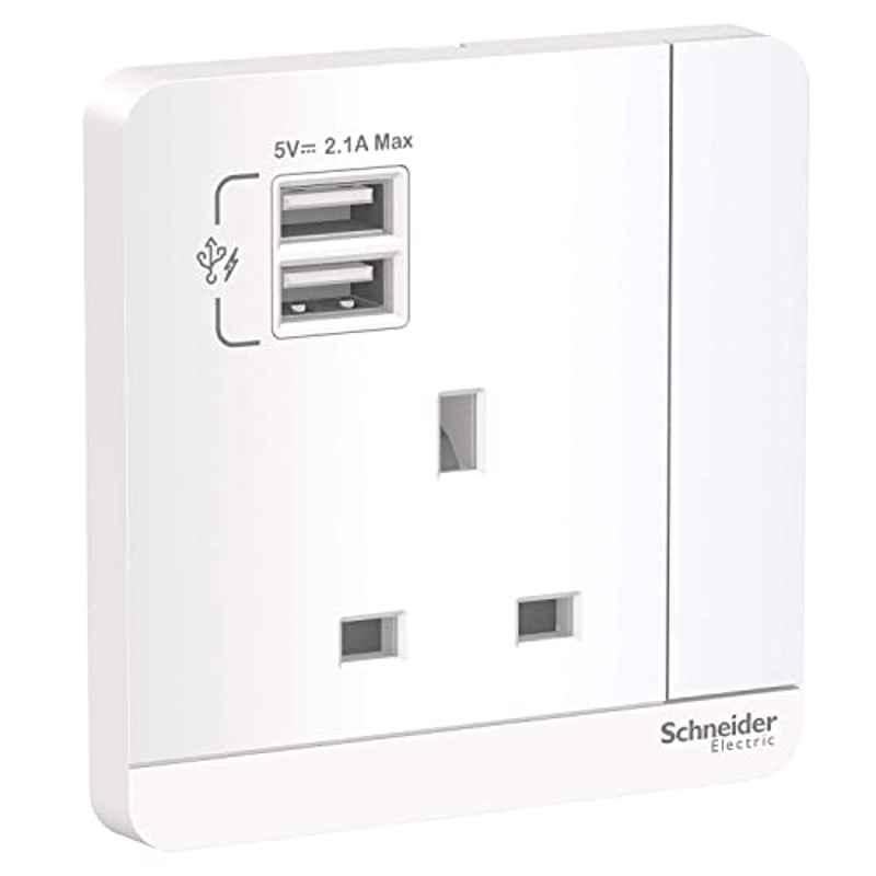 Schneider AvatarOn 13A 220V 3 Pole Polycarbonate White USB Charger & Switched Socket, E8315USB_WE_G12