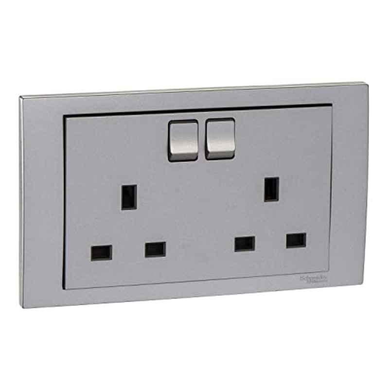 Schneider Vivace 16A 220V 2 Gang Polycarbonate Aluminium Silver Double Switched Socket