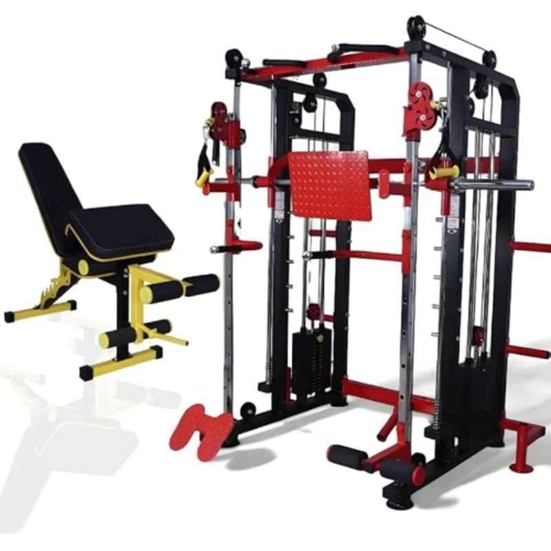 GYM24 Equipment 80kg Capacity Iron Black & red Multi Functional Trainer Smith Machine with Adjustable Bench