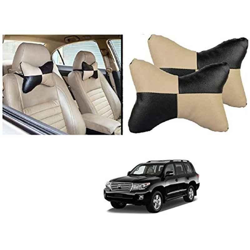 Kozdiko 2 Pcs Black & Beige Car Square Chess Design Neck Rest Seat Pillow Set for Toyota Land Cruiser